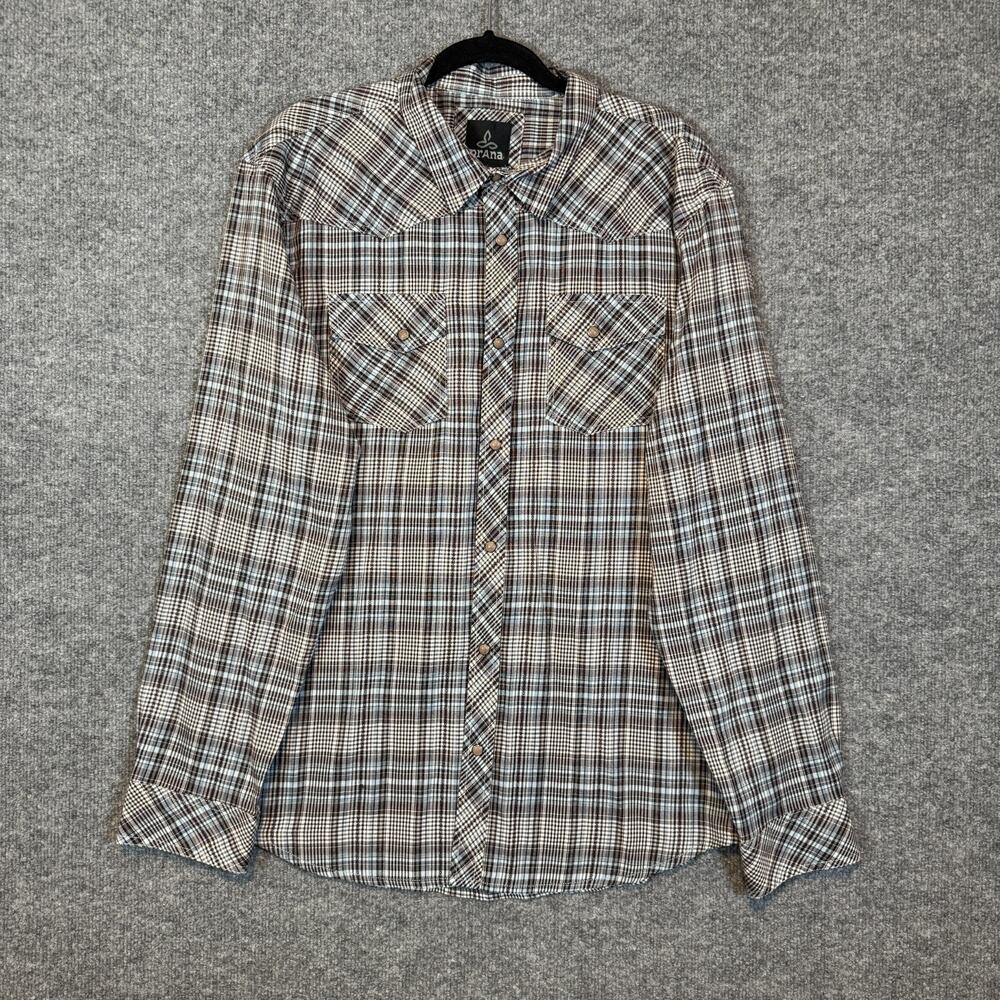 Prana Shirt Mens XL Brown Plaid Flannel Soft Button Up Casual Soft Long Sleeve